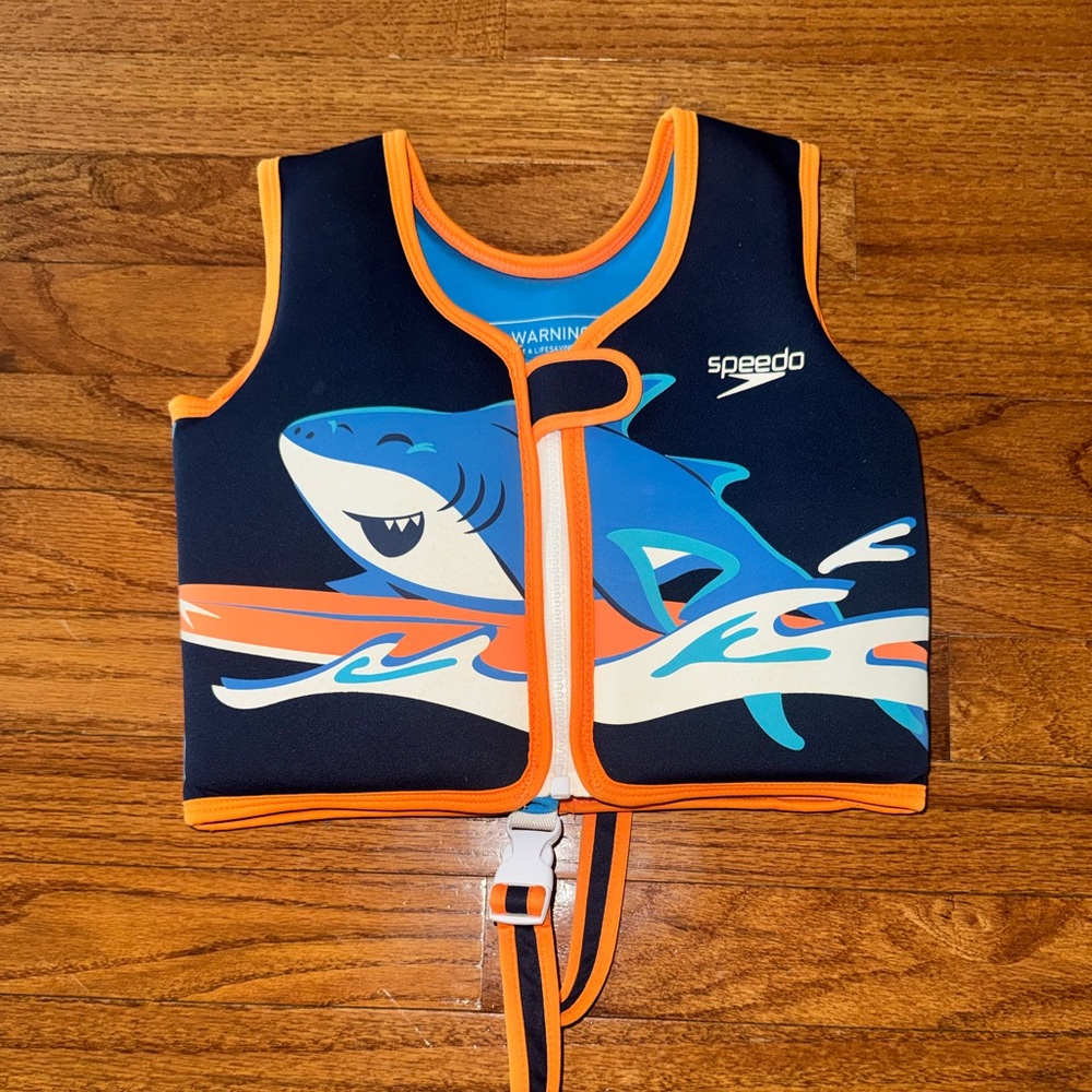Speedo Kids Navy Swim Vest with Orange Trim & Blue Shark